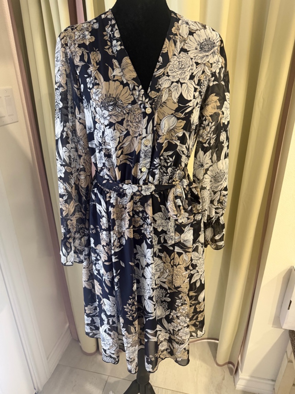 Floral Print V-Neck Midi Dress with Belt - Navy & Cream